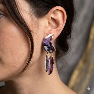 Vintage Handmade Ceramic Opalescent Feather Earring With A Crescent Shape Clip O